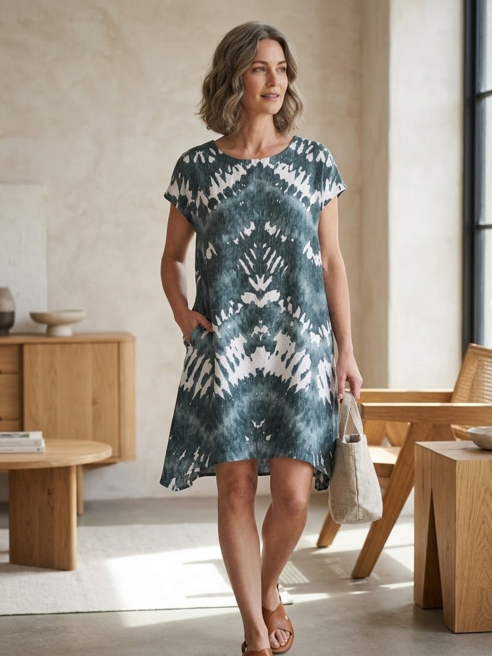 Bryn Walker 100% Linen Tunic Dress Abstract Artsy Lagenlook, Small